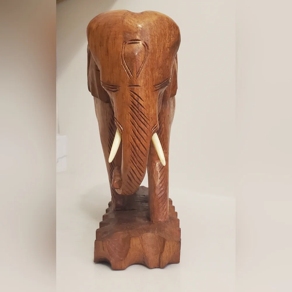 Vintage Large Teak Wooden Elephant With Tusks Hand Carved Solid Wood
